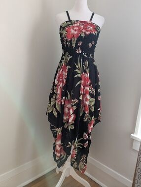 Vintage Hawaiian Floral Asymmetrical Hem Smocked Fairycore Dress OS Paradise